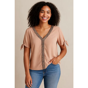 Women leopard khaki brown tan v neck top with hand ribbon size: large